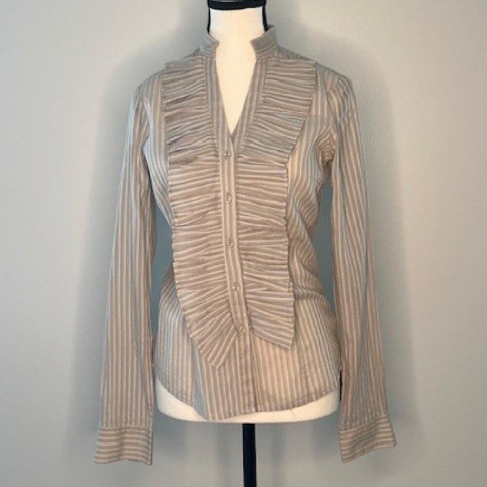 Women's Gray/Cream Striped Blouse w/ Accordion Accent Front Button Down, Size XS